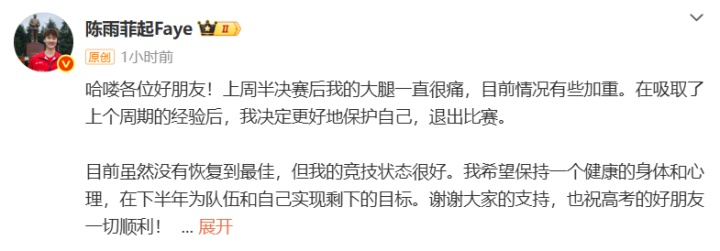 陈雨菲,退赛!本人发文回应 陈雨菲,退赛!本人发文回应