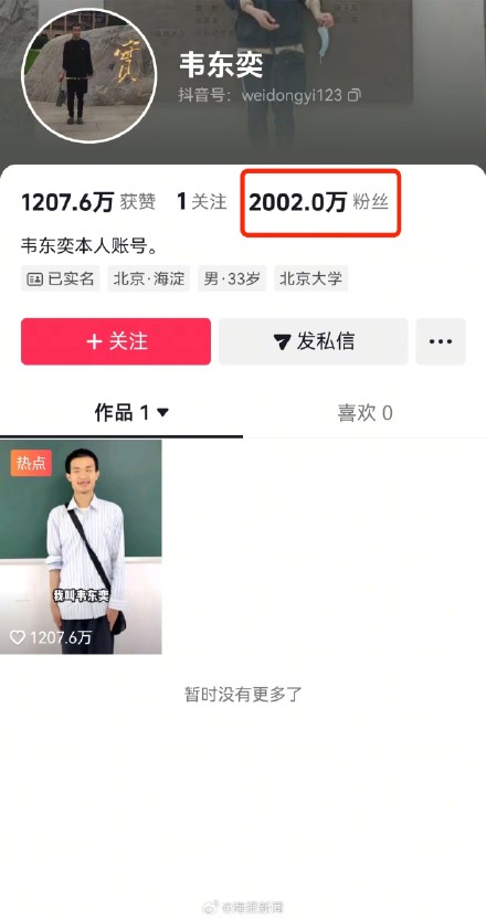 韦东奕粉丝已破两千万 韦东奕粉丝已破两千万