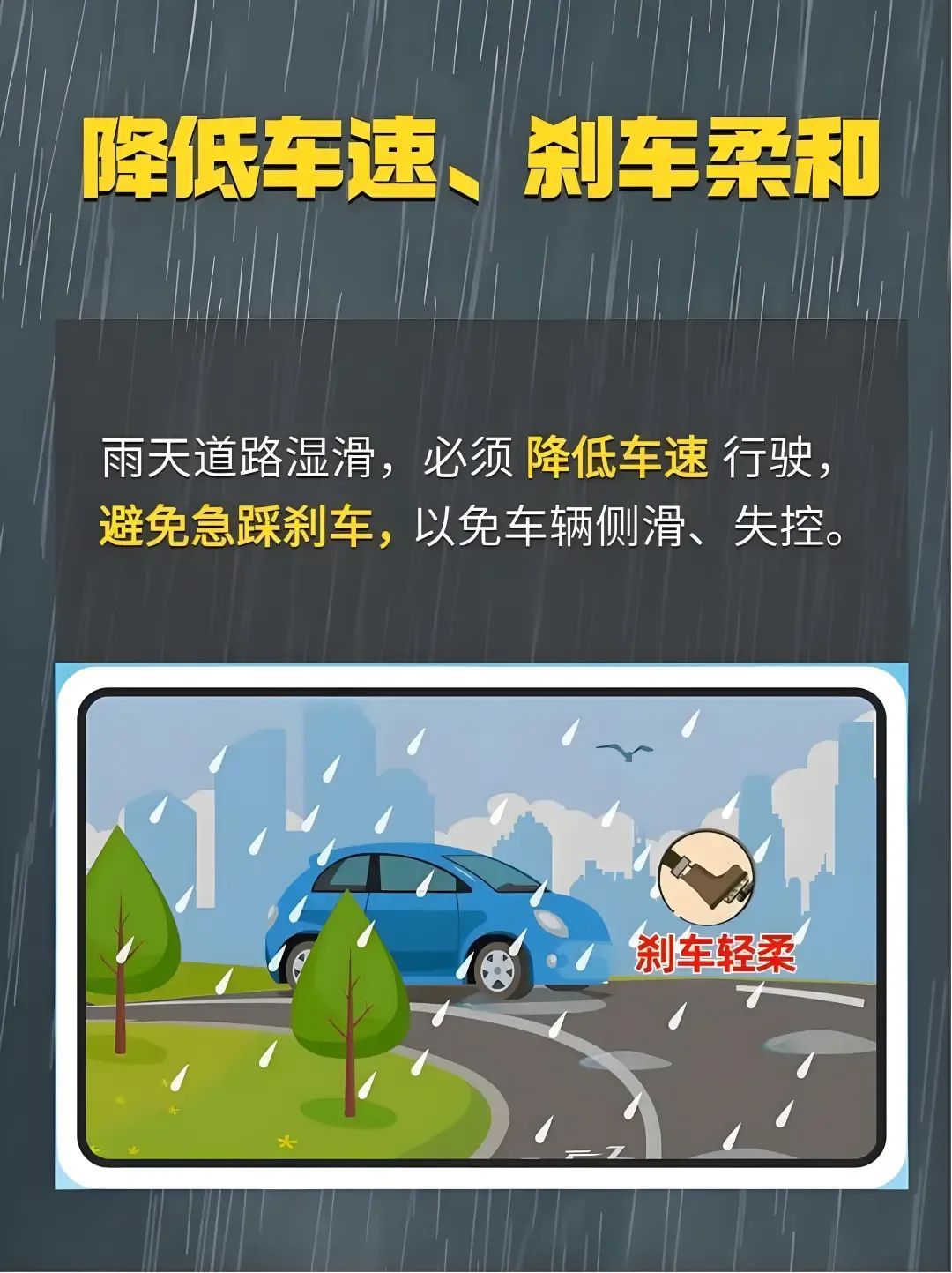 雨天失控打滑风险升高，驾车要牢记“降速、控距、亮尾”