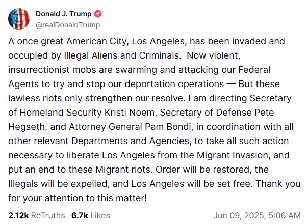 特朗普下令解放洛杉矶!警方开枪,中领馆紧急提醒—— 特朗普下令解放洛杉矶!警方开枪,中领馆紧急提醒——