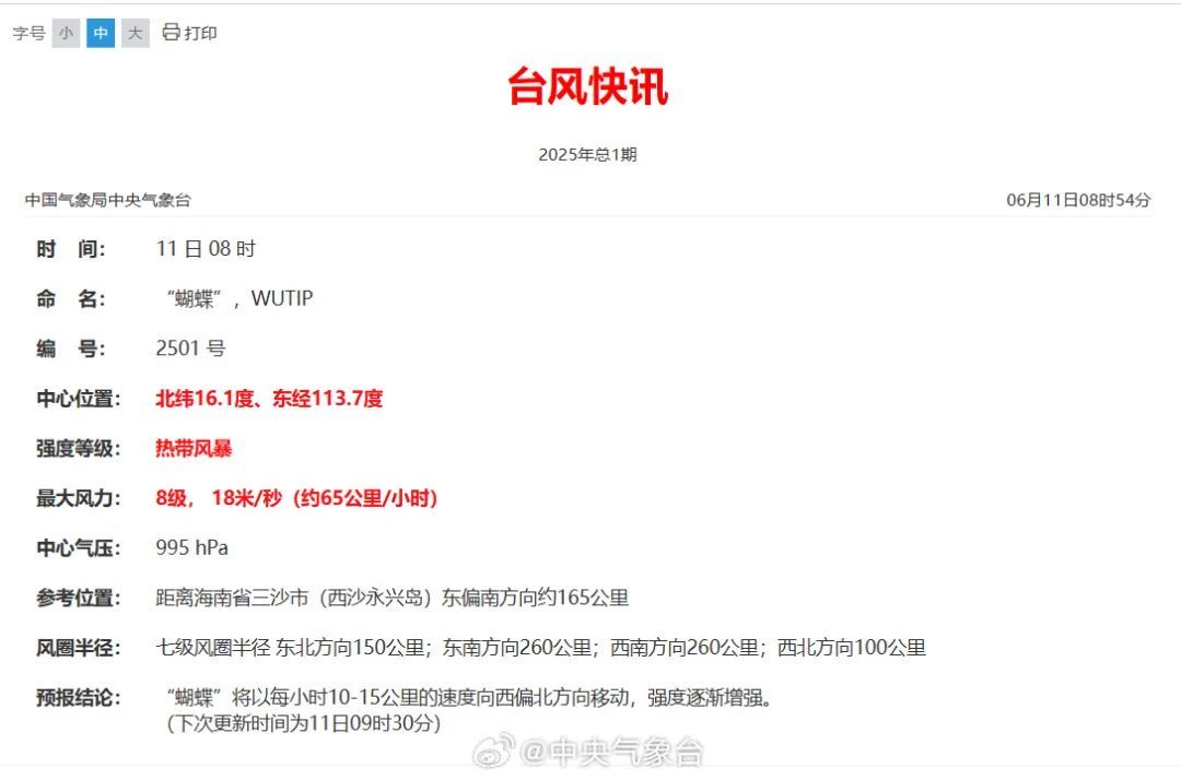 中央气象台:今年第1号台风“蝴蝶”生成 中央气象台:今年第1号台风“蝴蝶”生成