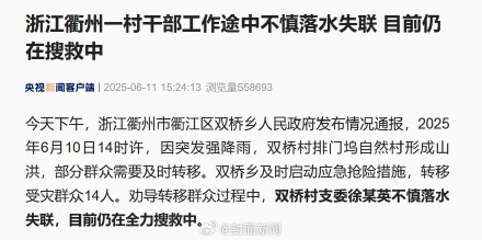 浙江一村干部工作途中落水失联 目前仍在搜救中 浙江一村干部工作途中落水失联 目前仍在搜救中
