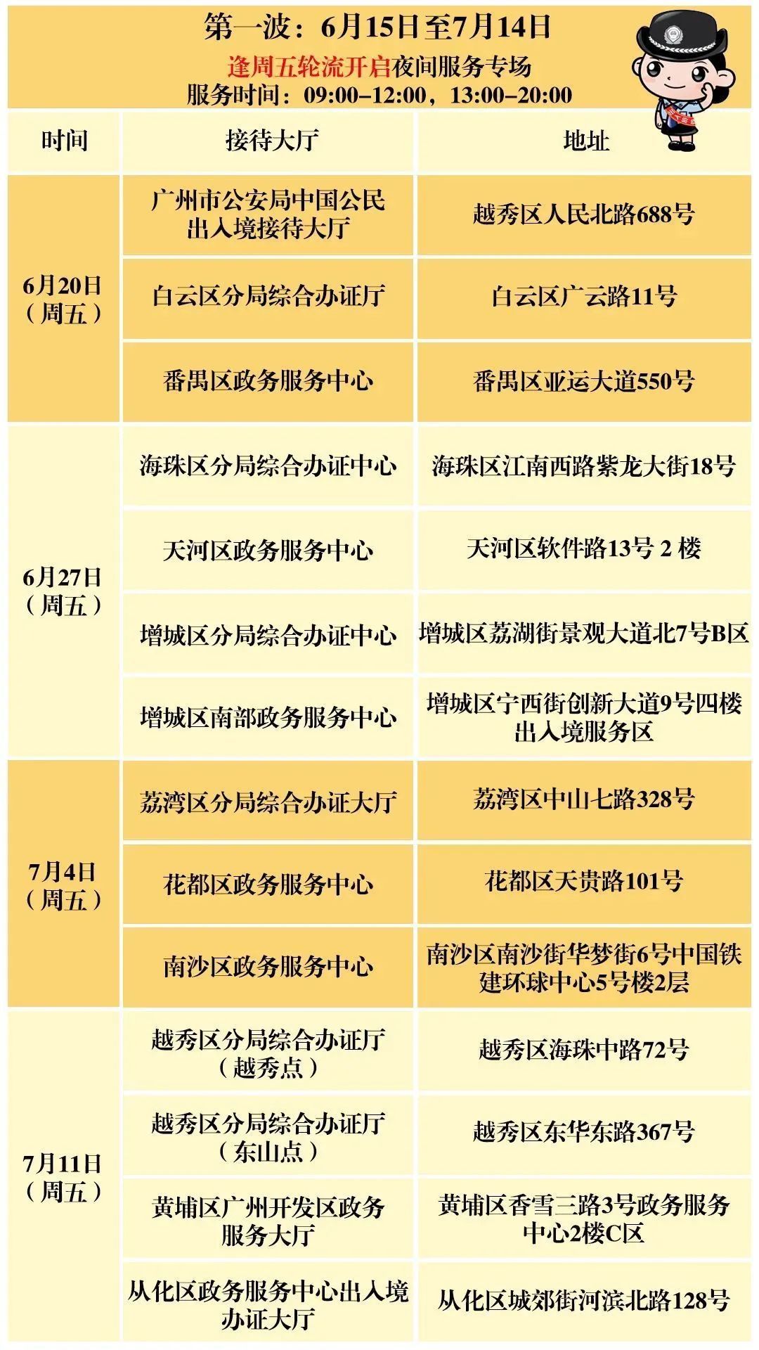 本周日起，广州出入境服务增开夜间时段
