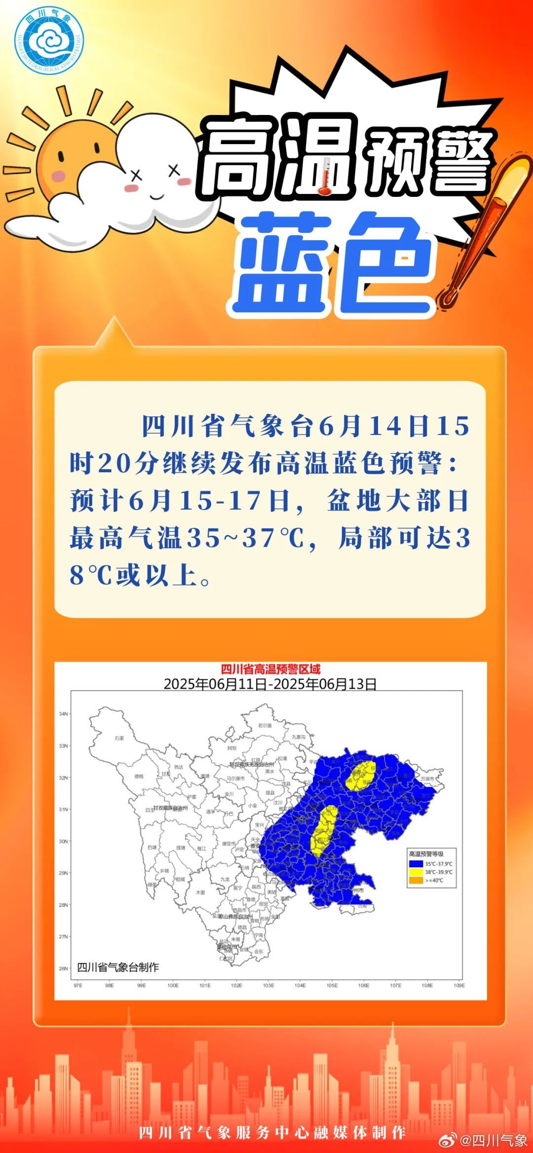 高温蓝色预警！明起，四川盆地局部可达38℃或以上