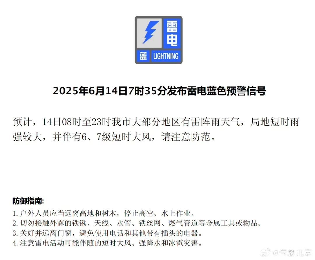 北京雷电蓝色预警！局地暴雨！外出带伞