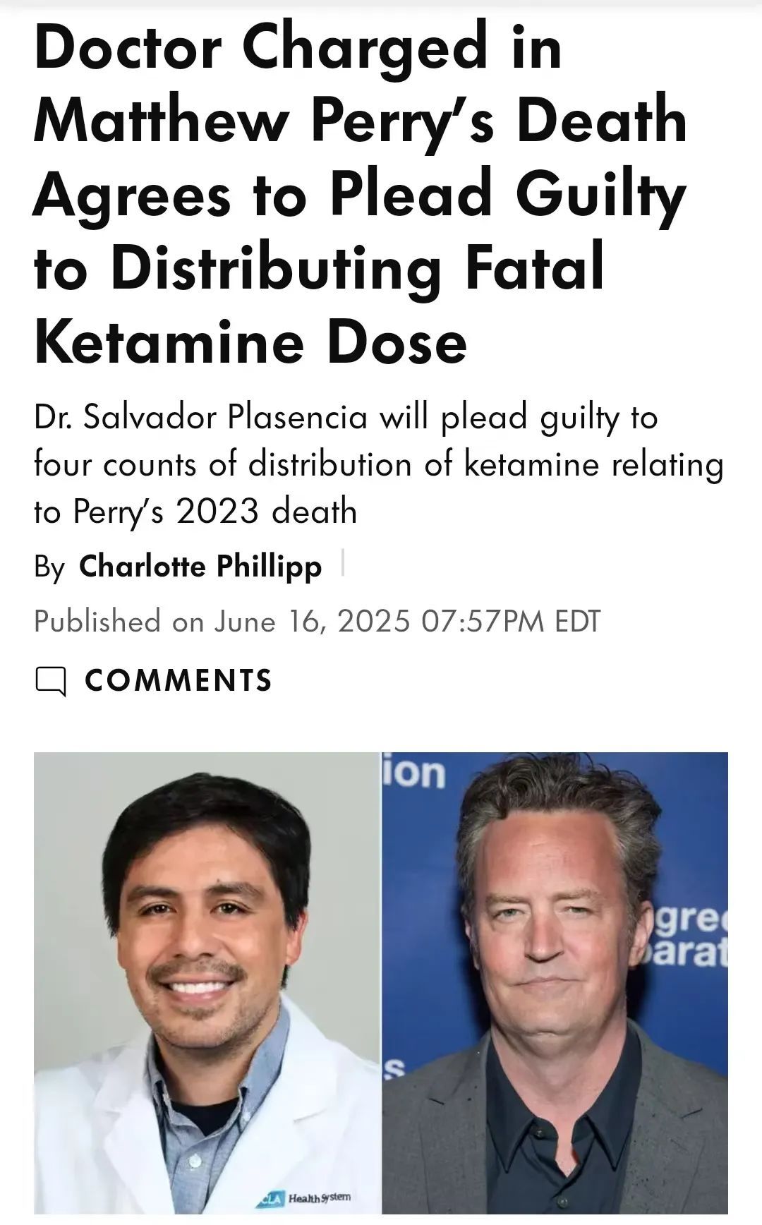 向马修·派瑞提供致死量氯胺酮！一名医生同意认罪，最高可判处40年监禁