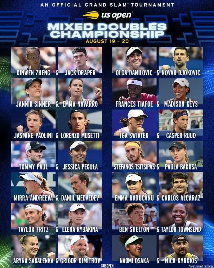 郑钦文将搭档德雷珀,2025美网混双参赛阵容出炉 郑钦文将搭档德雷珀,2025美网混双参赛阵容出炉