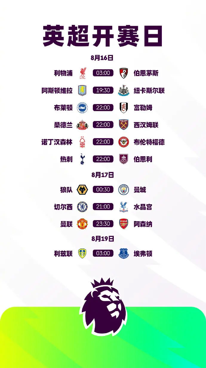 英超新赛季8月16日开赛 揭幕战利物浦VS伯恩茅斯 英超新赛季8月16日开赛 揭幕战利物浦VS伯恩茅斯