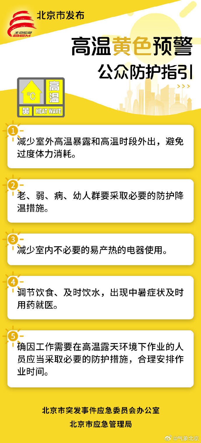 北京市发布高温黄色预警 北京市发布高温黄色预警