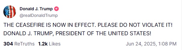 特朗普宣布以伊停火生效 警告各方不要违反协议 特朗普宣布以伊停火生效 警告各方不要违反协议