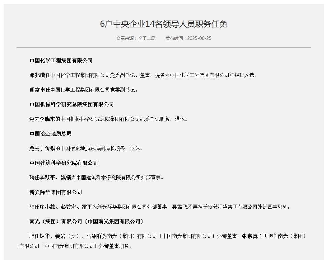 6户中央企业14名领导人员职务任免