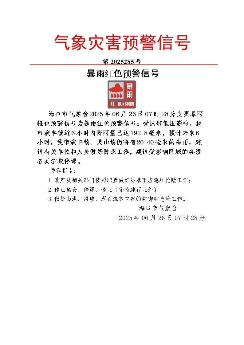 海口:升级发布暴雨红色预警!建议停课! 海口:升级发布暴雨红色预警!建议停课!