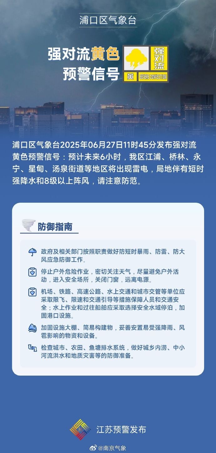 强降水!8级大风!南京发布强对流黄色预警 强降水!8级大风!南京发布强对流黄色预警