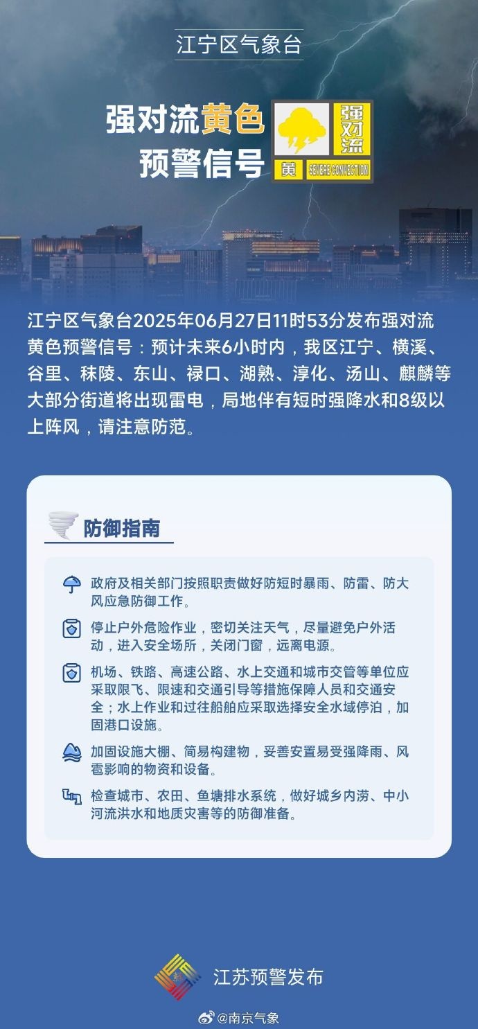 强降水!8级大风!南京发布强对流黄色预警 强降水!8级大风!南京发布强对流黄色预警