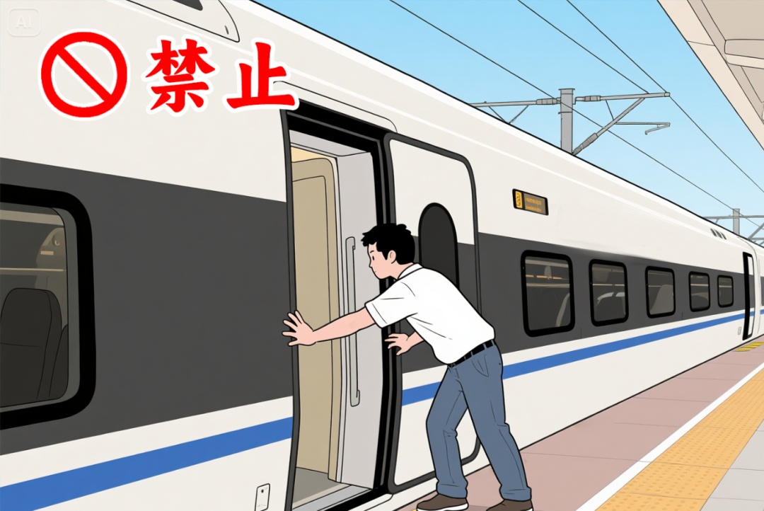 阻挡列车关门,违法! 阻挡列车关门,违法!