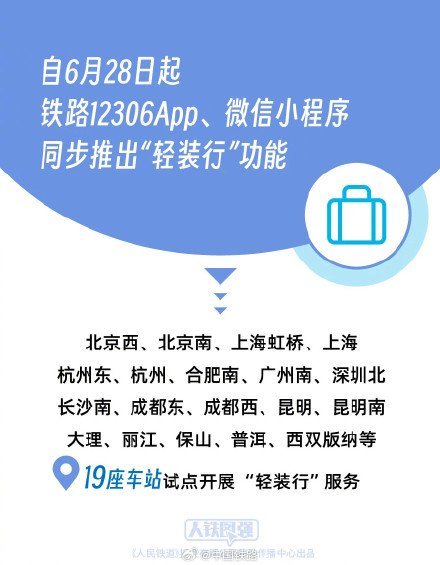 6月28日起铁路部门试点开展“轻装行”服务
