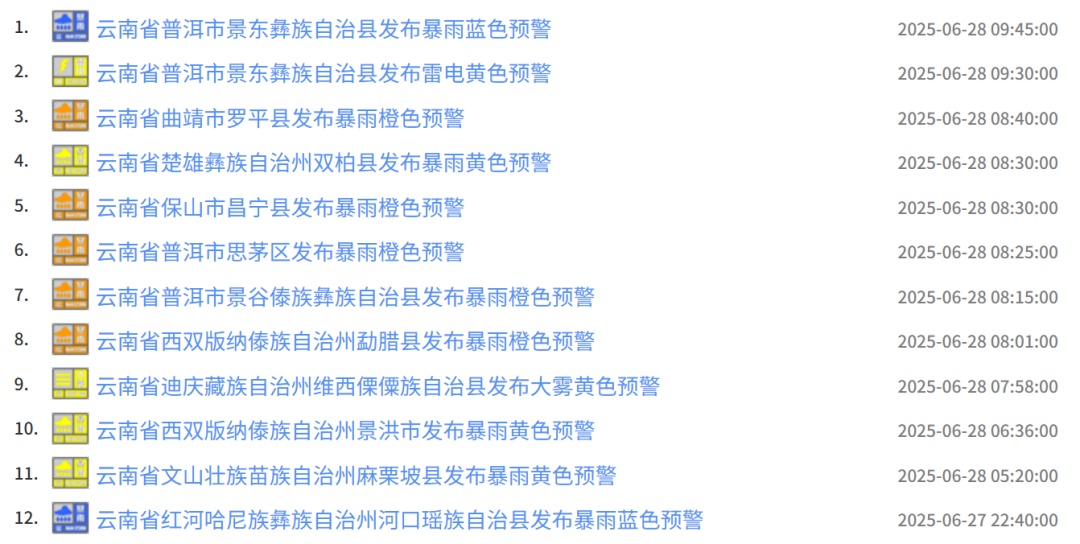 今晨连发暴雨预警!云南这些地方有大到暴雨 今晨连发暴雨预警!云南这些地方有大到暴雨