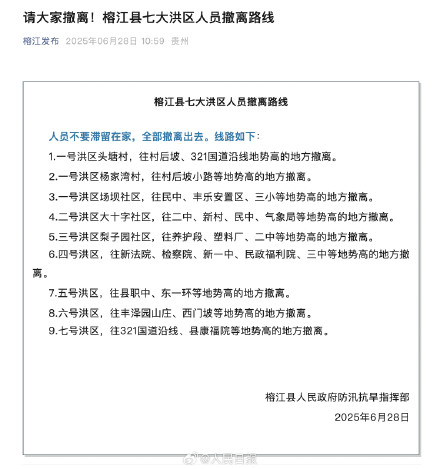 紧急扩散！榕江县7大洪区人员撤离路线