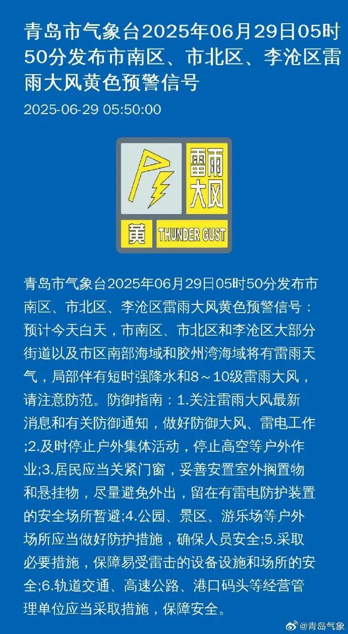 8~10级雷雨大风+短时强降水!刚刚,青岛6区市发布黄色预警 8~10级雷雨大风+短时强降水!刚刚,青岛6区市发布黄色预警
