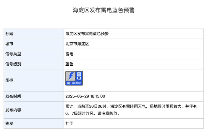 北京市海淀区发布雷电蓝色预警 北京市海淀区发布雷电蓝色预警