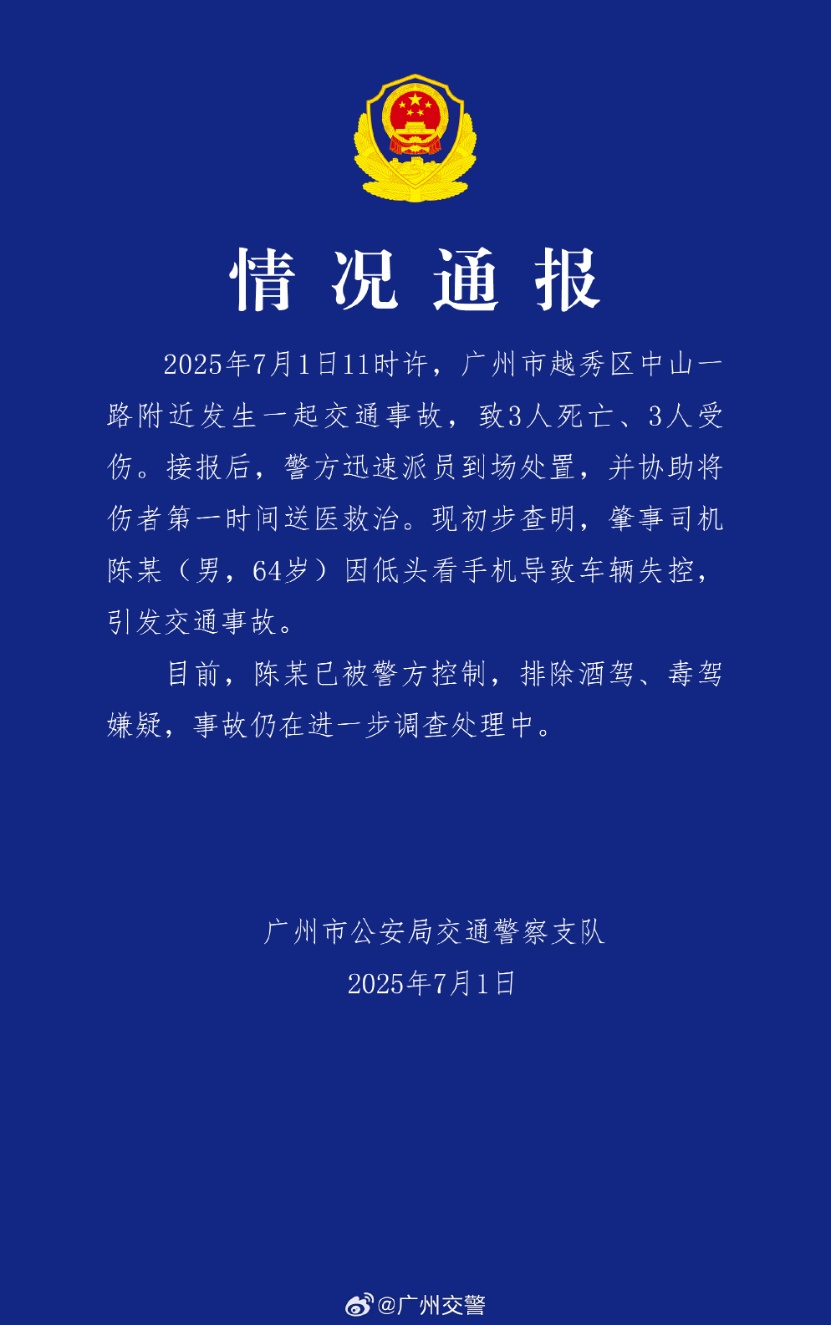 陈某(男,64岁)开车时低头看手机,致3死3伤 陈某(男,64岁)开车时低头看手机,致3死3伤
