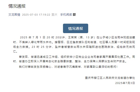 重庆一13岁男孩掉入小区绿化带雨水井内身亡，官方通报