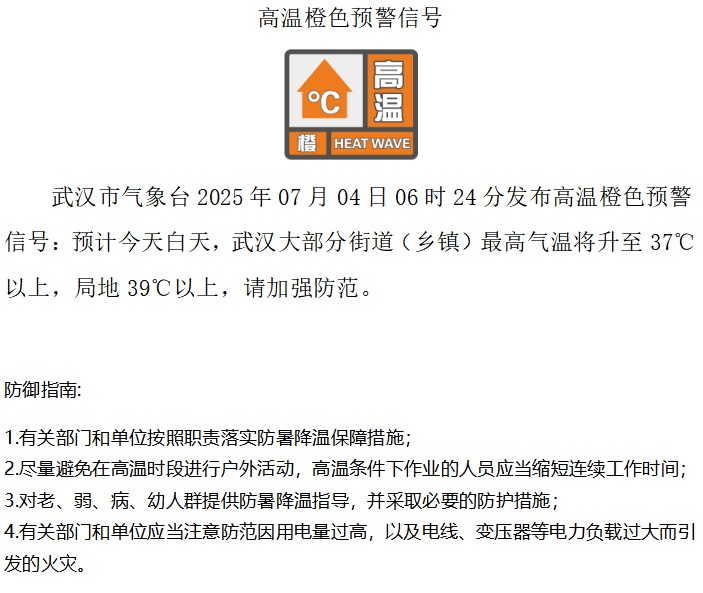 武汉再发橙色预警,最高气温超39°C 武汉再发橙色预警,最高气温超39°C