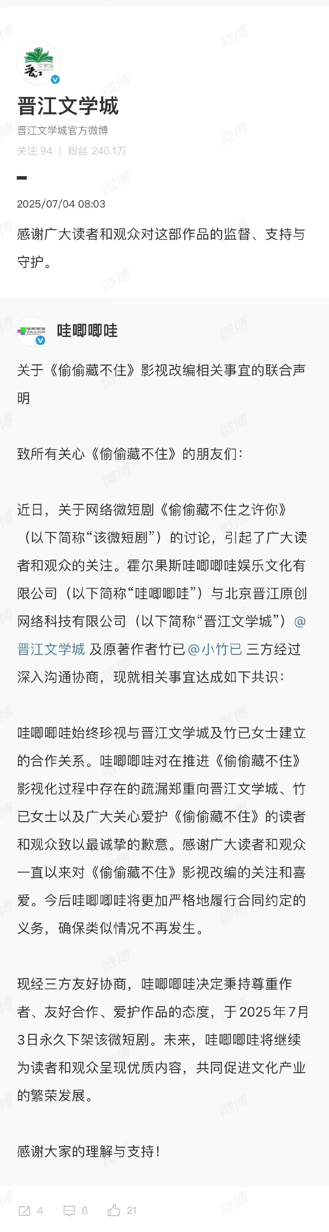 哇唧唧哇致歉：与晋江达成共识，永久下架《偷偷藏不住之许你》
