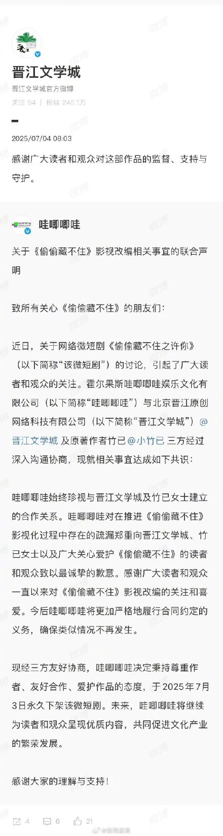 哇唧唧哇致歉:与晋江达成共识,永久下架《偷偷藏不住之许你》 哇唧唧哇致歉:与晋江达成共识,永久下架《偷偷藏不住之许你》
