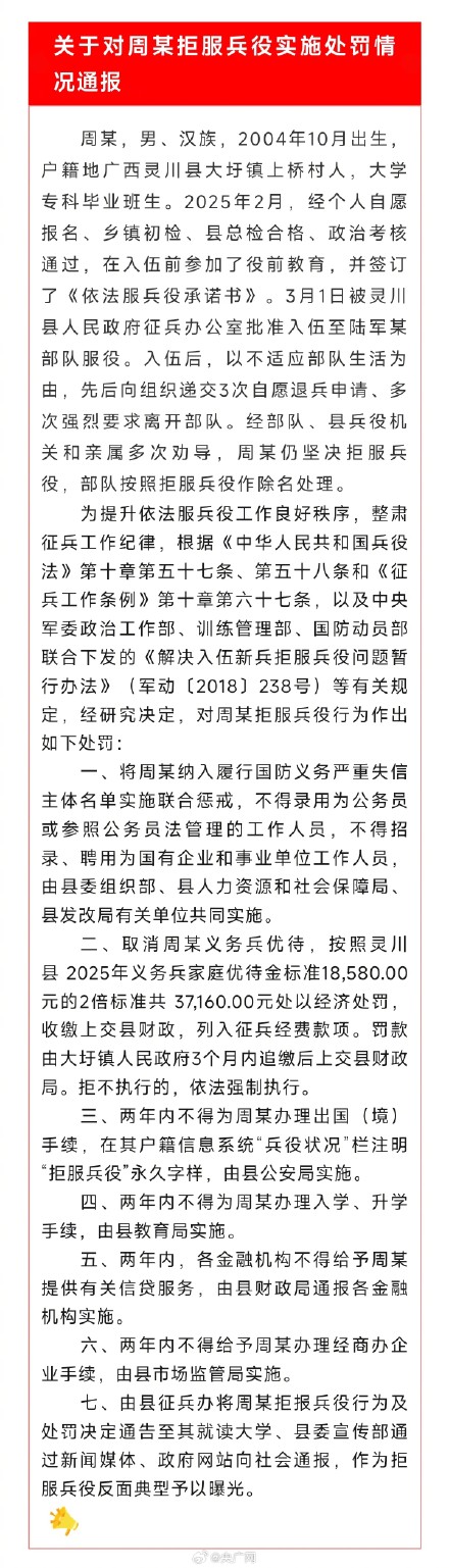 周某拒服兵役被重罚