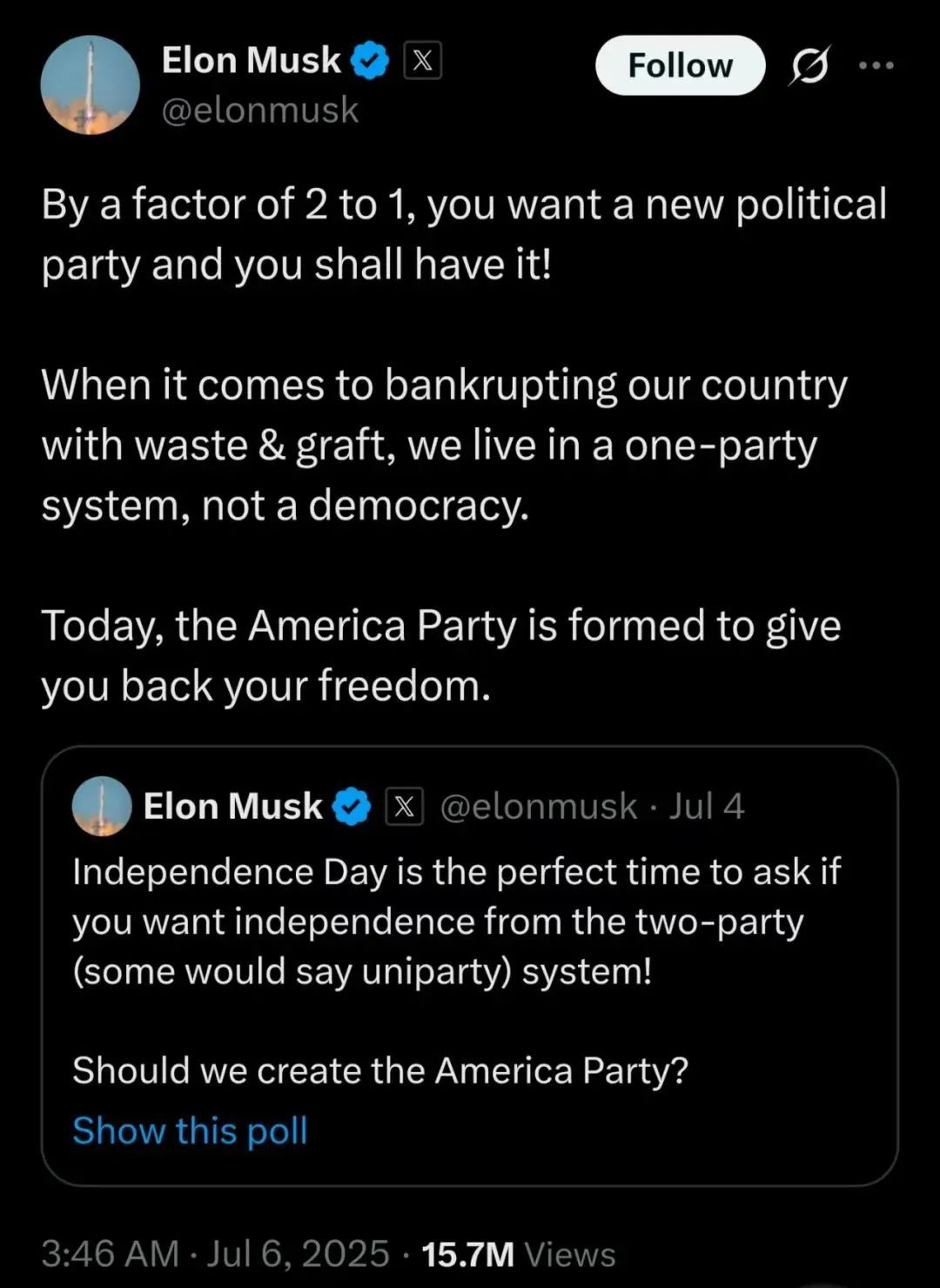 马斯克:“美国党”成立 马斯克:“美国党”成立