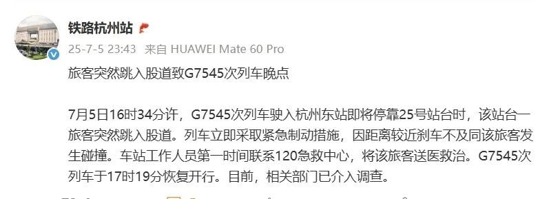 杭州东站有人跳入股道被撞,官方通报 杭州东站有人跳入股道被撞,官方通报
