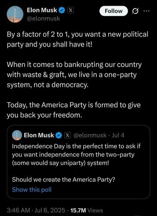 马斯克成立“美国党”，有啥目的?