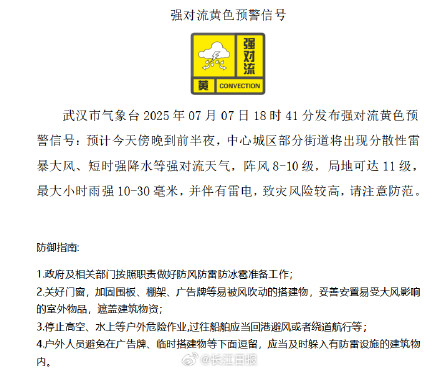 武汉今晚将有雷暴大风短时强降水，局地阵风可达11级