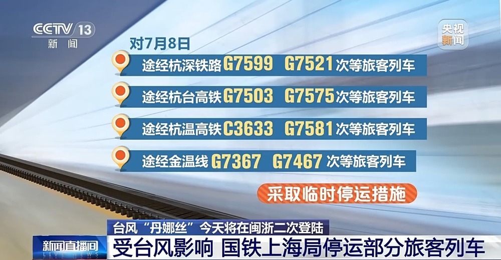 台风“丹娜丝”将在闽浙二次登陆 国铁上海局停运部分旅客列车 台风“丹娜丝”将在闽浙二次登陆 国铁上海局停运部分旅客列车