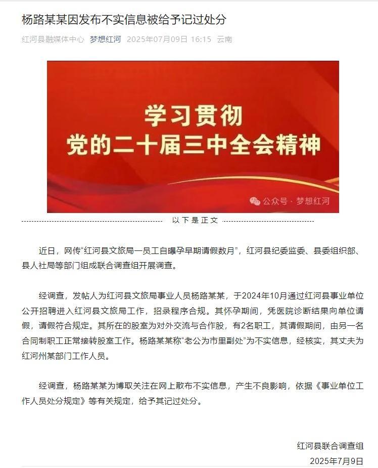 云南红河县通报:杨路某某因发布不实信息被给予记过处分 云南红河县通报:杨路某某因发布不实信息被给予记过处分