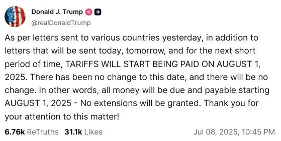 特朗普：定在8月1日，不再延期！