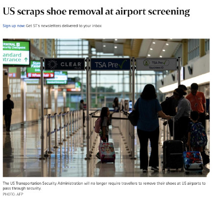 美国机场安检取消脱鞋规定