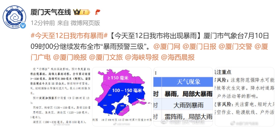 台风消息！厦门发布预警！暴雨、大暴雨、雷电、大风……