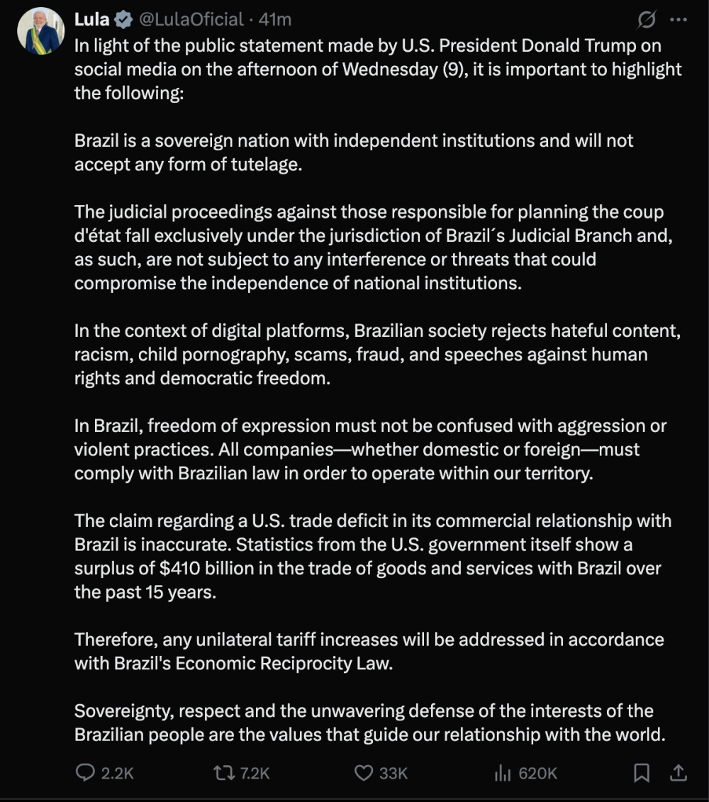 美加征关税,卢拉:巴西“对等回应” 美加征关税,卢拉:巴西“对等回应”