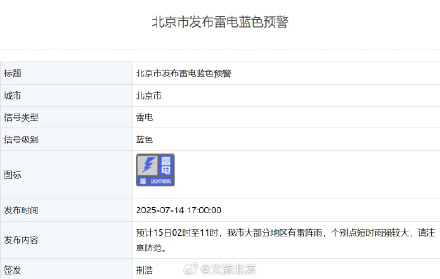 大部分地区有雷阵雨!北京发布雷电蓝色预警,预计时段—— 大部分地区有雷阵雨!北京发布雷电蓝色预警,预计时段——