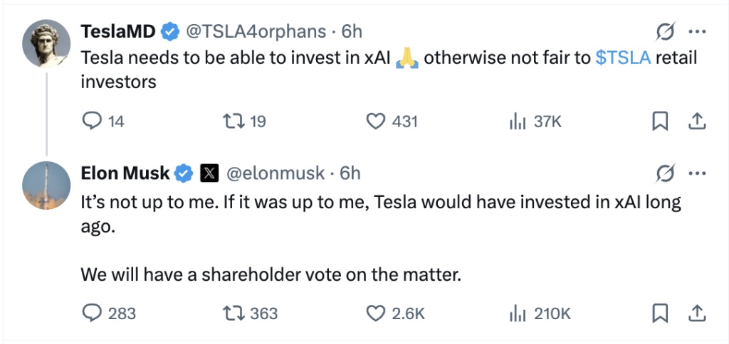 马斯克：特斯拉股东将就是否投资xAI投票，但两家公司不会合并