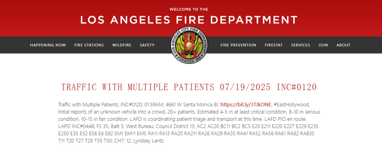美国加州洛杉矶发生汽车冲撞行人事件 至少20人受伤