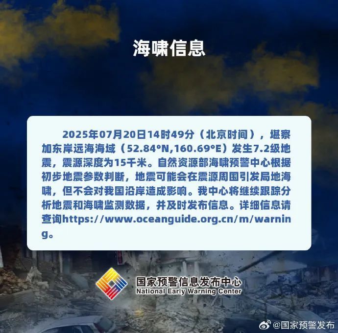 俄罗斯堪察加东岸远海发生7.2级地震，可能引发海啸！