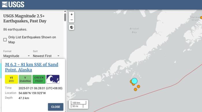 美国阿拉斯加附近海域发生6.2级地震