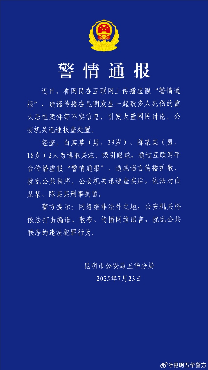 昆明警方：白某某（男，29岁）、陈某某（男，18岁）被刑拘