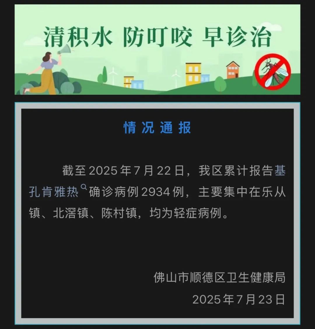 佛山顺德累计报告基孔肯雅热2934例！广州卫健委发布预防“两热”倡议书
