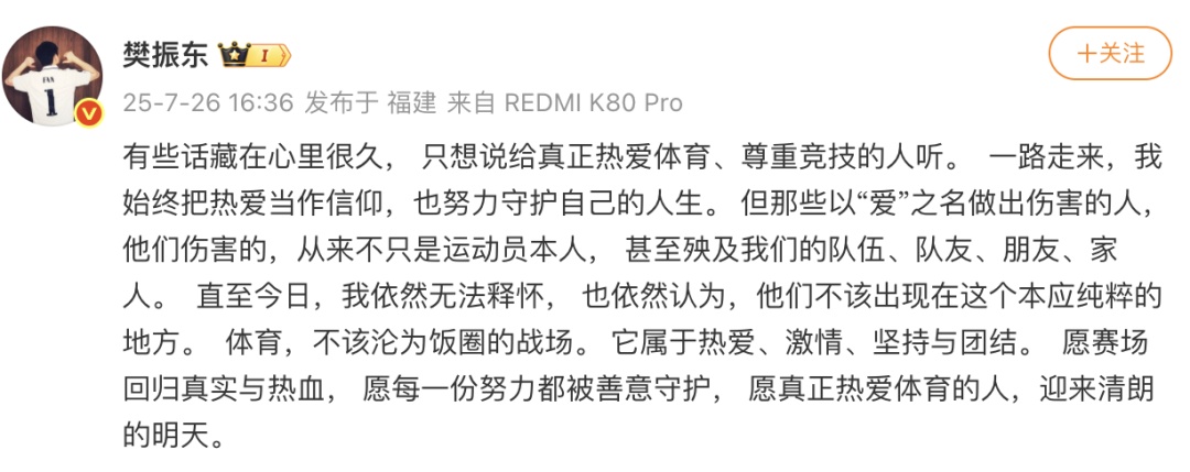 樊振东发声：直至今日，依然无法释怀