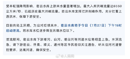 注意安全!27日15时北京密云水库启动泄流 注意安全!27日15时北京密云水库启动泄流