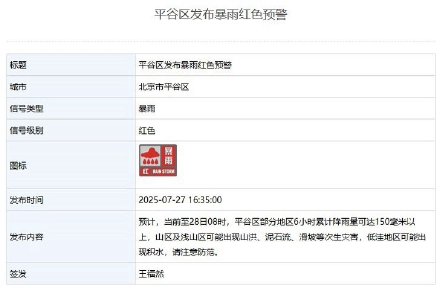 北京平谷区发布暴雨红色预警